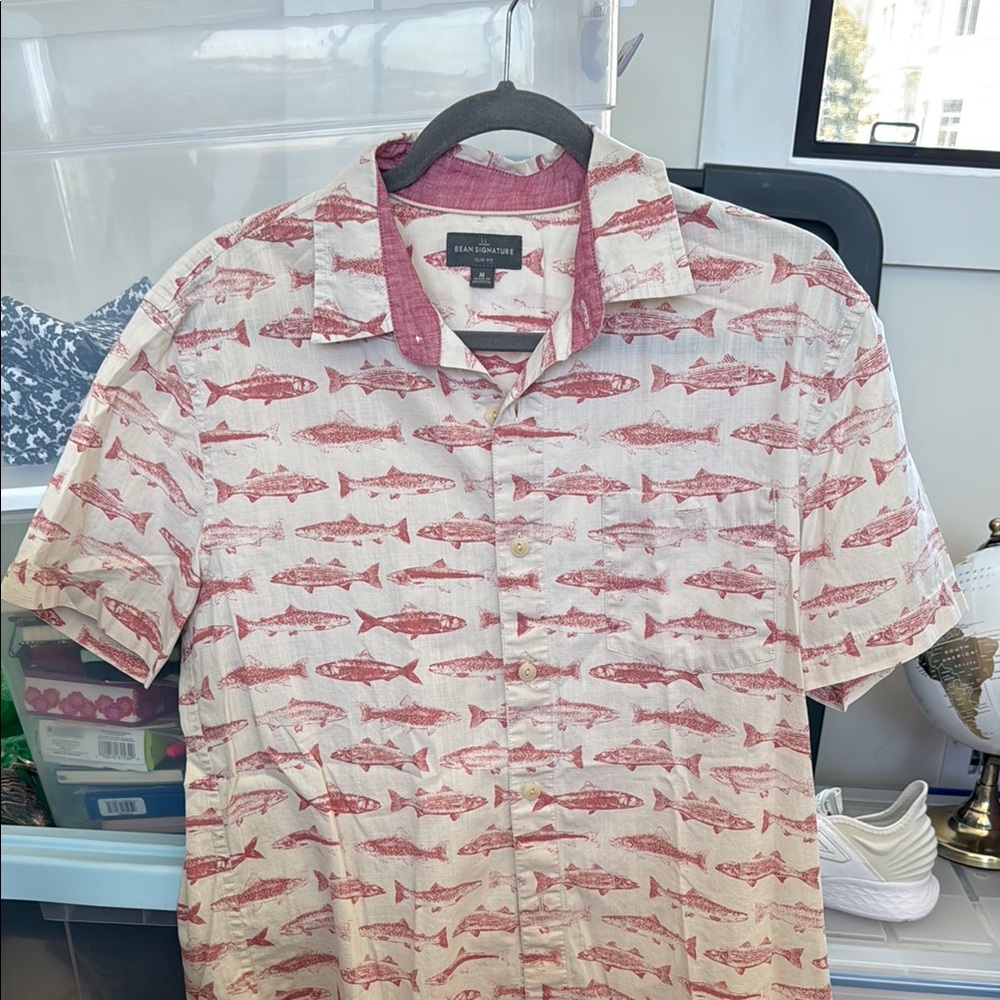 LL Bean Signature Red and White Fish Button Down Shirt